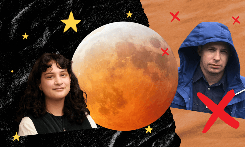 A collage featuring a large, reddish moon in the center, a woman with dark curly hair on the left, a man in a blue hooded jacket on the right with red X marks, plus yellow stars on a dark background.