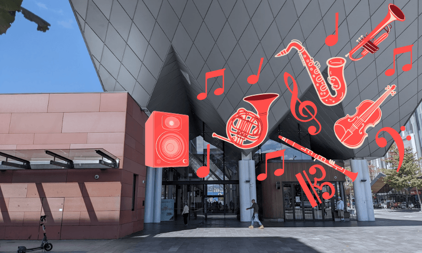 a photo of the bus interchange - a zigzaggy ceiling nad columns - superimposed with red-melon coloured speakers, musical notes, horns, clarinets and saxophones