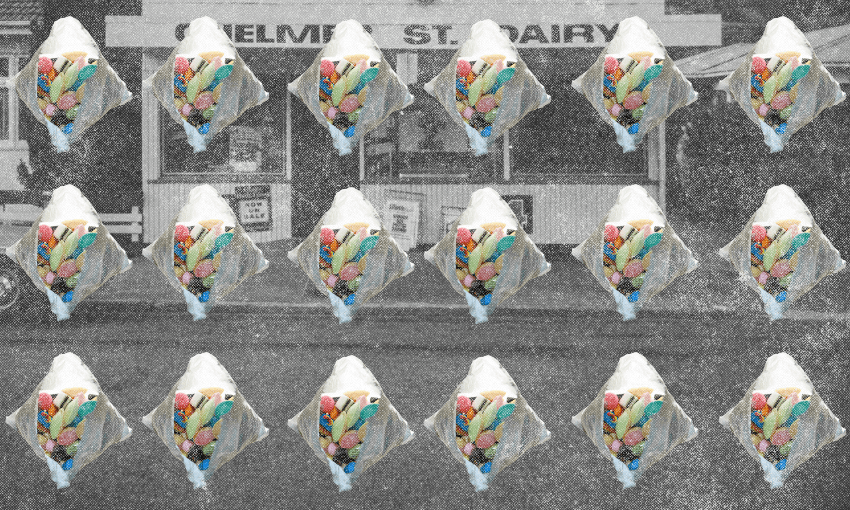 Chelmer St Dairy, Oamaru, in 1989, and the 50c mixture of our dreams (Photos: Getty Images; design The Spinoff) 
