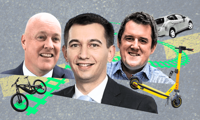 Three men in formal attire are superimposed over cartoonish images of a bicycle, e-scooter, and car, with green tracks on a grey textured background.