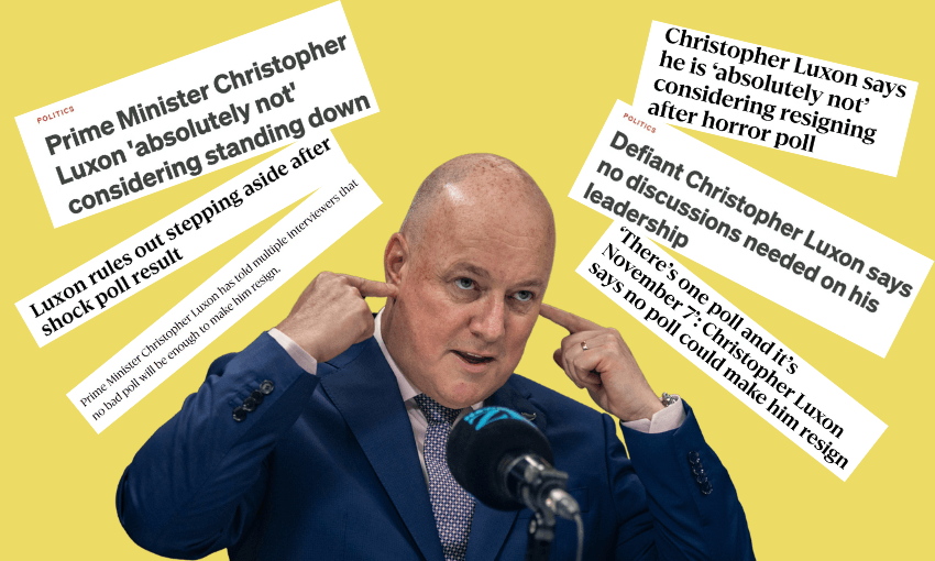 A man in a suit plugs his ears with his fingers, surrounded by headlines saying he won't step down as Prime Minister or resign, despite negative or "horror" poll results. The background is yellow.