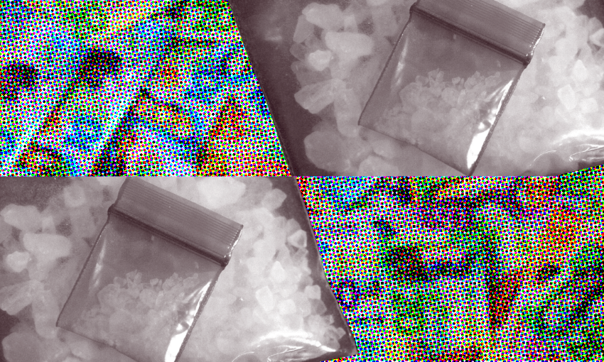 A pop art-style image with four panels: two show a plastic bag containing white crystalline substances on a background of crystals; the other two are colorful, halftone-filtered versions of the same scene.