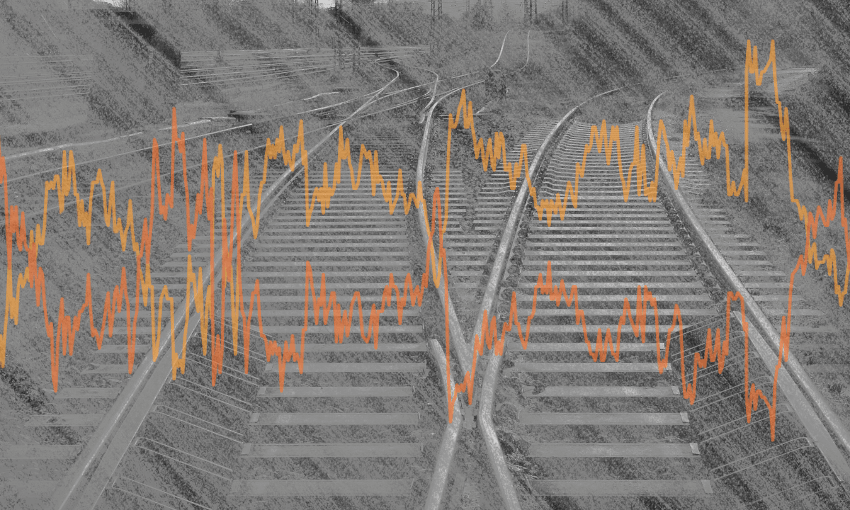 Overlay of orange and yellow fluctuating line graphs on a black-and-white image of diverging railway tracks, symbolizing data analysis or decision-making paths.