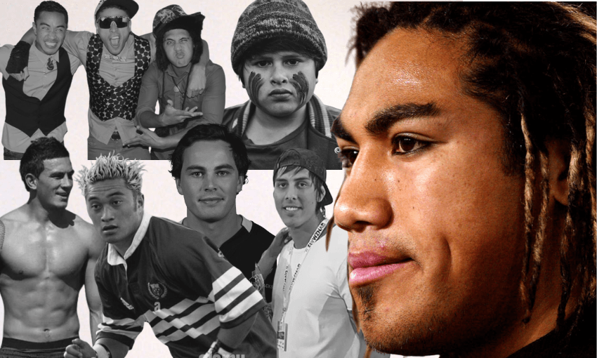 a close-up colour portrait of Ma'a Nonu laid over a black and white collage of brown men who've been referred to as skux