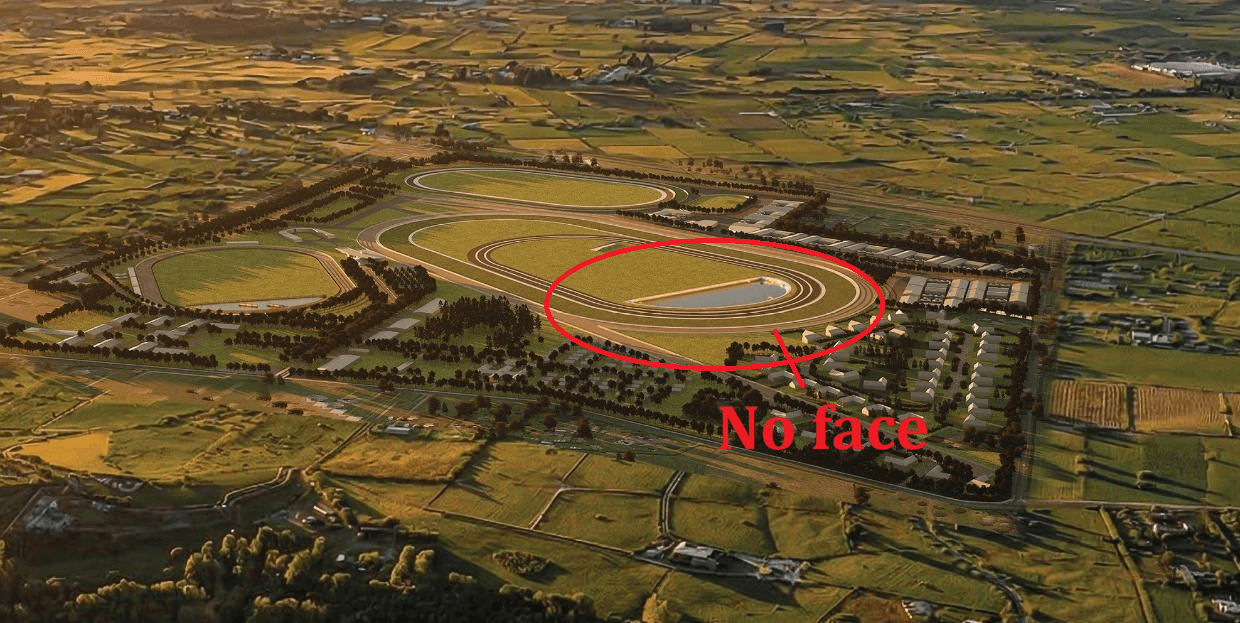 Aerial view of a large, green racetrack complex with multiple tracks and facilities. A red circle and arrow highlight a pond in the center, with the text “No face” written in red. Surrounding farmland is visible.