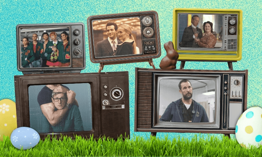 A collage of TV screens and shows on grass with three Easter eggs
