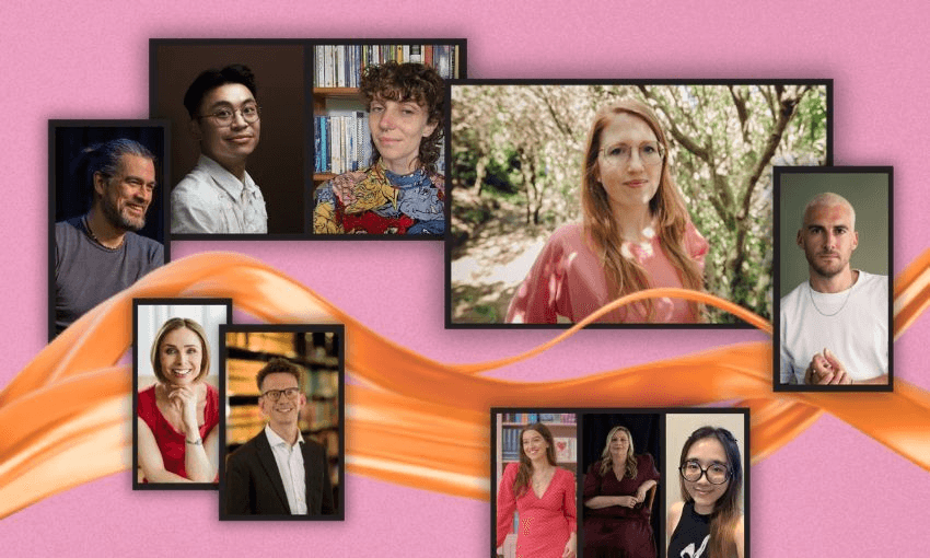 A collage of nine people posing individually, each in different settings, arranged over a pink background with an orange wavy ribbon across the image.