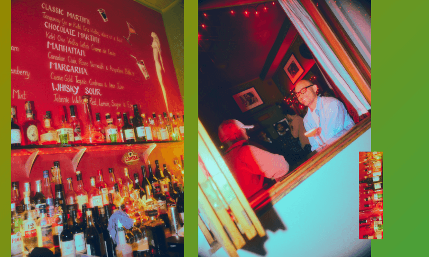 A warmly lit bar features a chalkboard menu, shelves of liquor bottles, and two people talking at the counter, seen through a window. The image has vibrant colors and a slightly blurred, artistic effect.