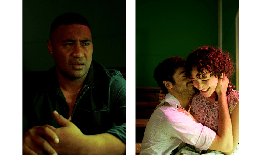 Two production stills from a theatre show side by side. The left photo shows a pasifika man in a serious pose with a concerned expression. The right hand photo shows a couple, close and looking happy.