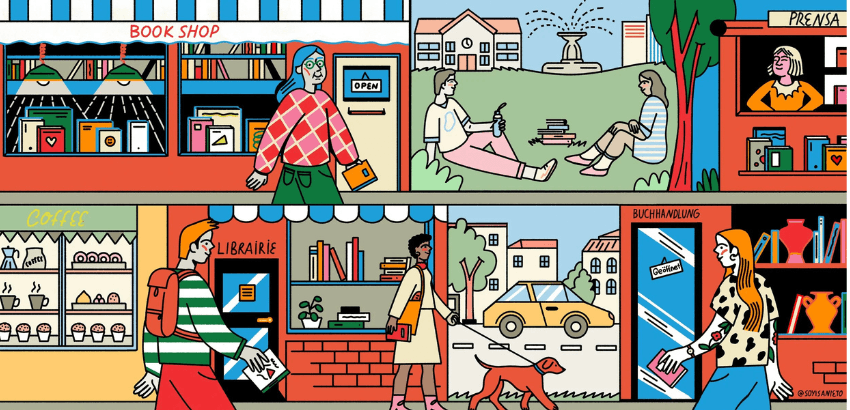 An illustration of bookshop frontages.