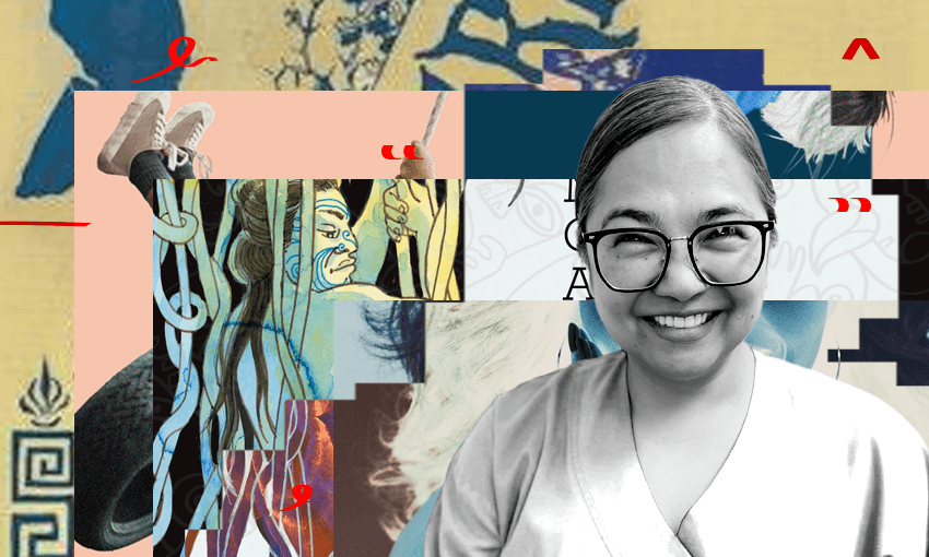 A black and white photo of a young Filipino woman who is smiling, wearing glasses and has her hair tied back. Behind her is a collage of book covers.