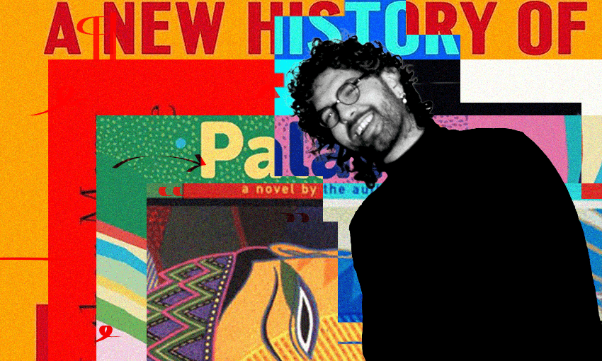 A black and white photo of Shariff Burke who is a young man with dark hair and glasses; he is smiling and leaning. Behind him is a collage of book covers.