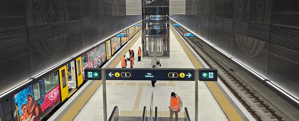 A modern subway station with two platforms, workers in orange vests, a yellow train on one side, and escalators leading down. Signs indicate directions for platforms 1 and 2.