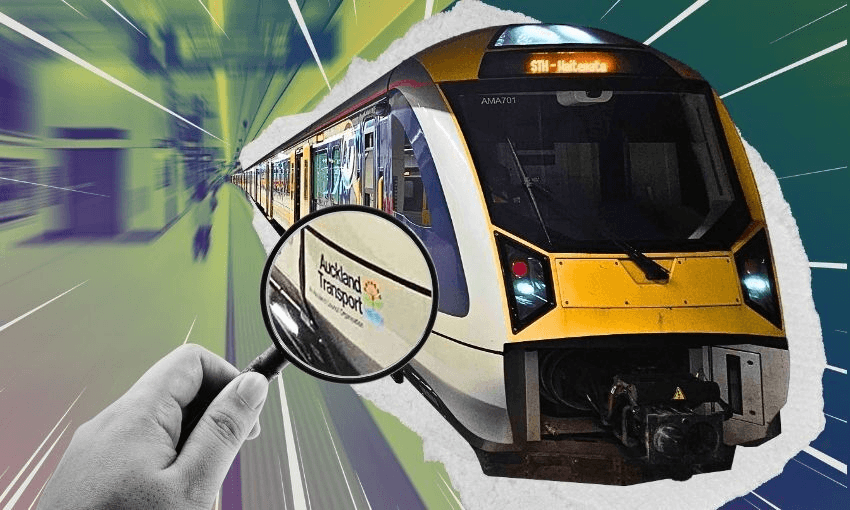 A hand holds a magnifying glass over a moving yellow and silver train labeled "Auckland Transport," with a blurred, colorful background suggesting speed and motion.