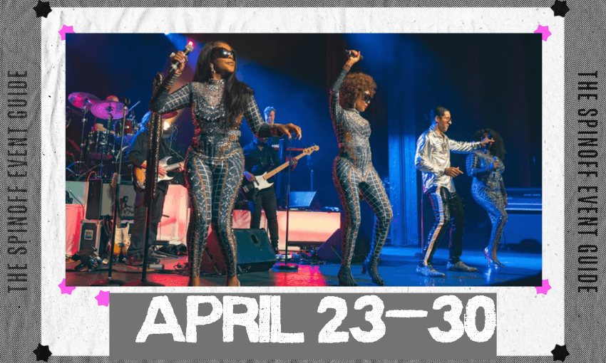 A photo of the band Boney M on stage singing and dancing in glittery body suits.