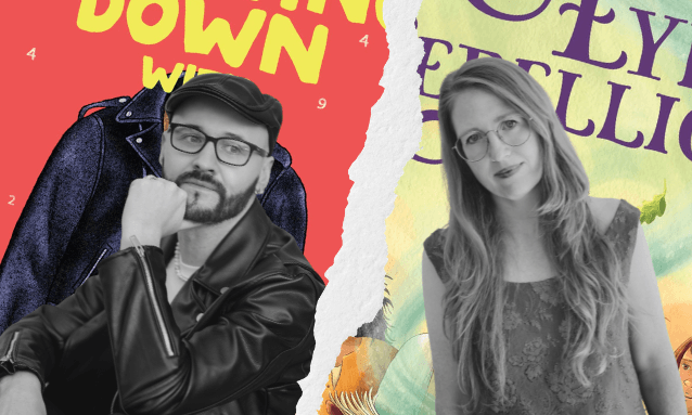 Black and white photos of two authors overlaid onto blown up images of their book covers.