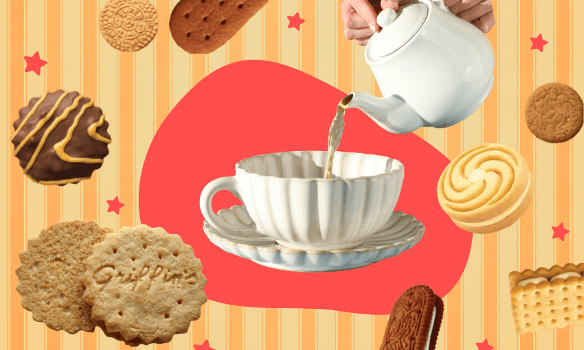 A white teapot pours tea into a matching teacup on a saucer, surrounded by assorted biscuits and cookies on a yellow and red, star-patterned background.