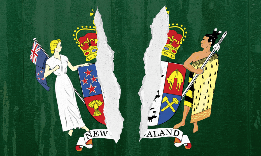 A torn New Zealand coat of arms on a green background; a European woman holding a flag stands on the left and a Māori warrior with a spear stands on the right, symbolizing division.