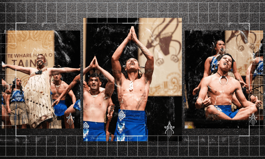Members of Te Pae Kahurangi perform a haka at the 2026 Tainui kapa haka regionals. (Photos: Te Matatini Enterprises. Additional design: Tina Tiller). 
