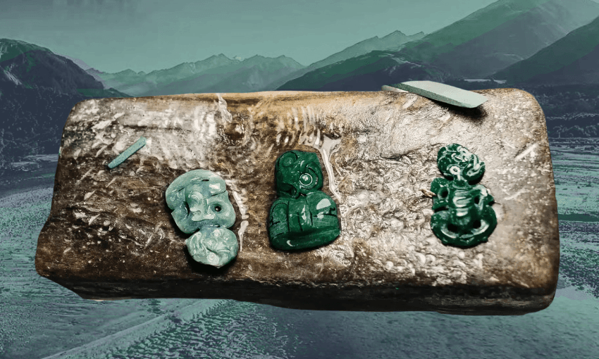 Three carved green stone figurines and two stone fragments rest on a rectangular brown stone slab. In the background, a digitally blended scenic view of mountains and fields is visible.