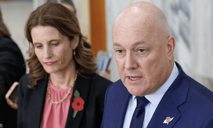 Christopher Luxon reads a statement to media after the National caucus vote. (Photo: Mark Mitchell/New Zealand Herald via Getty Images) 
