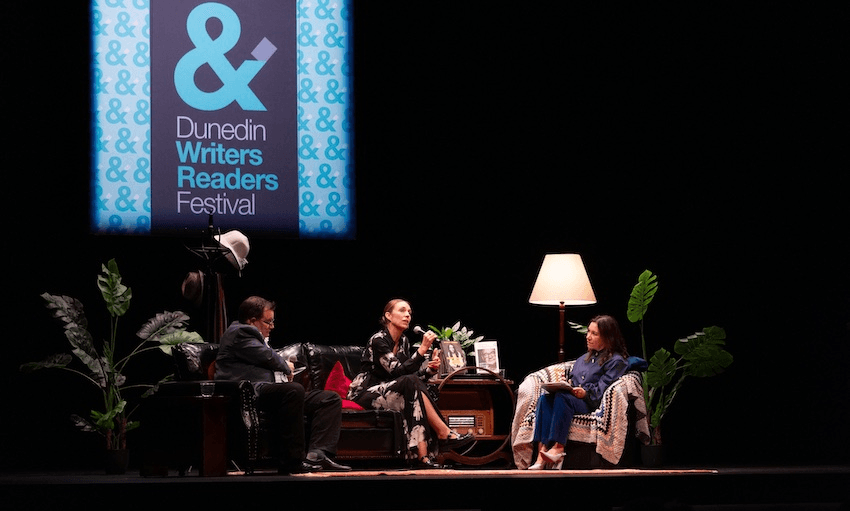Grant Robertson and Jacinda Ardern speak with Stacey Morrison at Dunedin’s Regent Theatre (Photo: Dunedin Writers and Readers Festival Facebook) 
