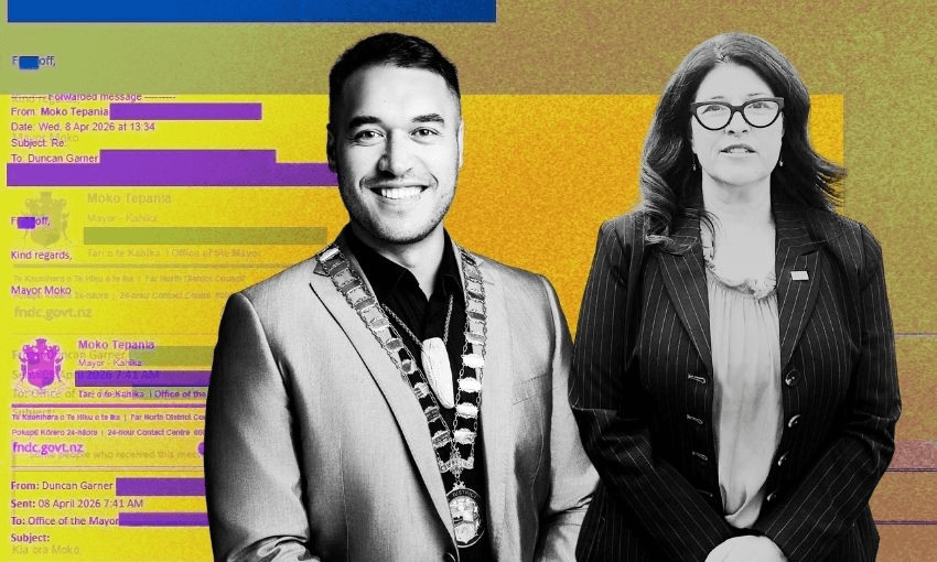 A man wearing a suit and ceremonial chain stands smiling next to a woman in a striped suit and glasses, both in black and white. The colorful background features blurred text and email snippets.