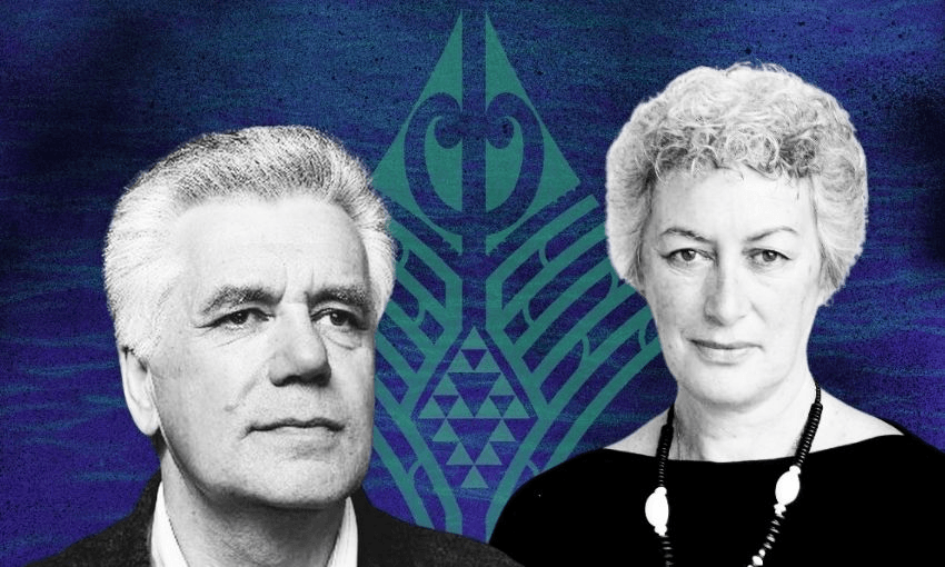 A grayscale photo of an older man and woman set against a blue textured background with a stylized Māori pattern. The man has white hair; the woman has short, curly hair and wears a necklace.