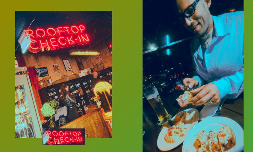 A split image: on the left, a neon "Rooftop Check-In" sign glows above a bar counter; on the right, a man in glasses eagerly prepares to eat at a table with food and a drink, city lights visible through the window.