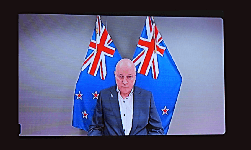 Christopher Luxon takes part in a virtual meeting with other world leaders about opening the Strait of Hormuz, in an image shared on his social media on Saturday. 
