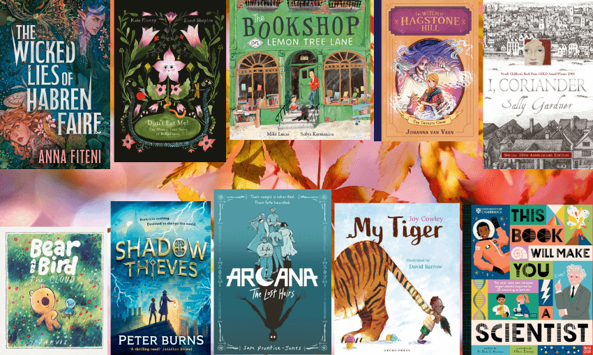 Ten book covers arranged in two rows with a photo of autumn leaves in the background.