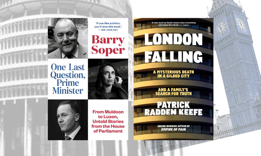 A black and white photo of the beehive and a black and white photo of big ben, both faded and obscure in the background and covered by two book covers.
