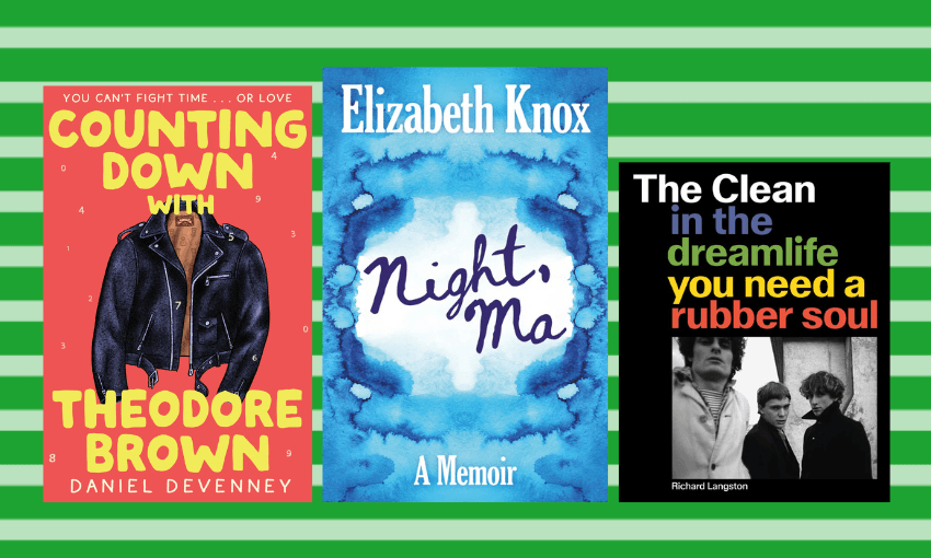 Three book covers side by side with a striped green background.