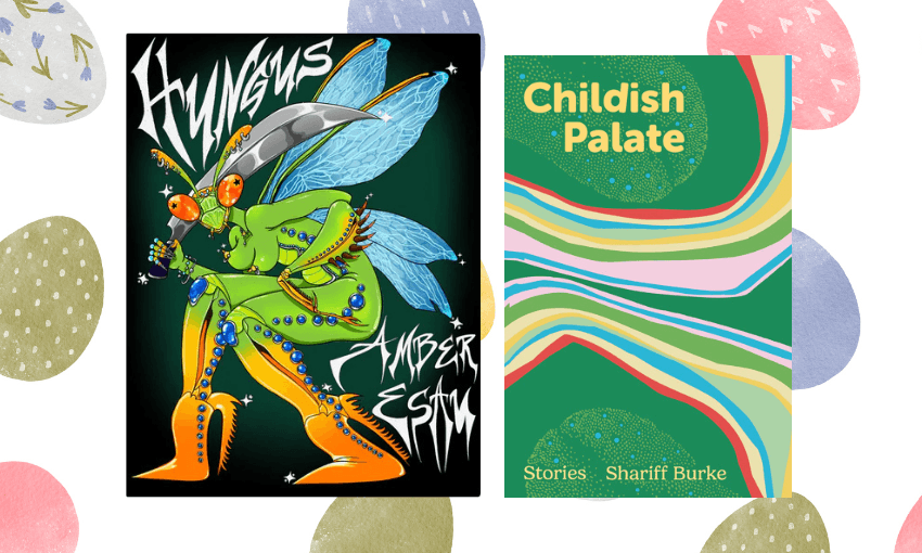 Two book covers side by side with a background of Easter eggs, illustrated.