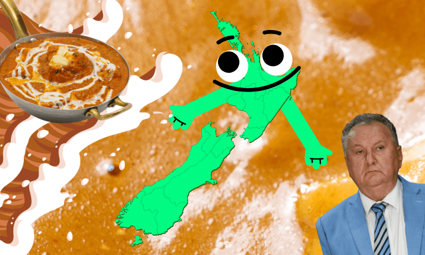 A pan of butter chicken, a cartoon green map of New Zealand with a face and arms, and a man in a blue suit on a background of creamy orange sauce.