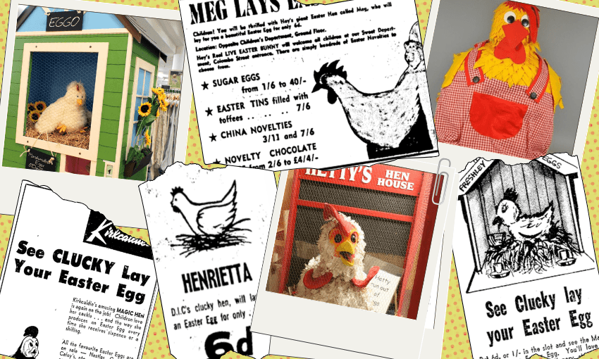 A collage of vintage ads and photos featuring toy hens that "lay" Easter eggs, some as plush toys and others in black-and-white illustrations with playful text and prices. Bright, patterned background adds a festive feel.