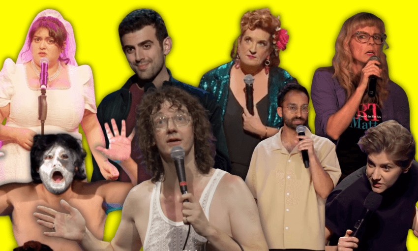 a collage of local and international comedians performing onstange