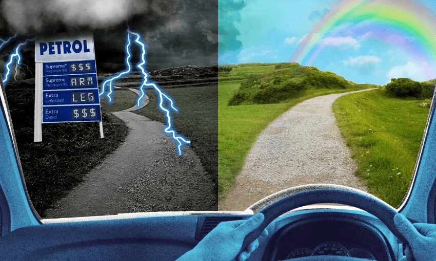 A split image shows a stormy road with lightning and high petrol prices on the left, and a sunny road with green hills and a rainbow on the right, viewed from behind a steering wheel.