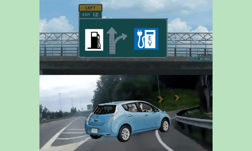a meme format showing a motorway turnoff and a blue nissan leaf skidding to turn right towards an EV charging station