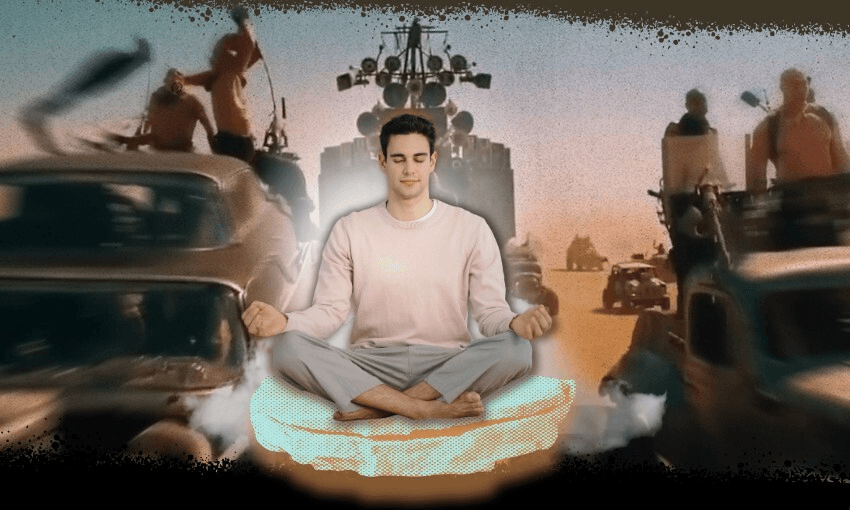 A calm person meditates on a glowing cushion, superimposed over a chaotic desert car chase scene with armored vehicles and people in action.