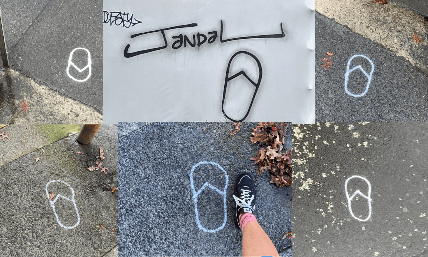 a collage of images showing a white spraypainted tag in the shape of a jandal