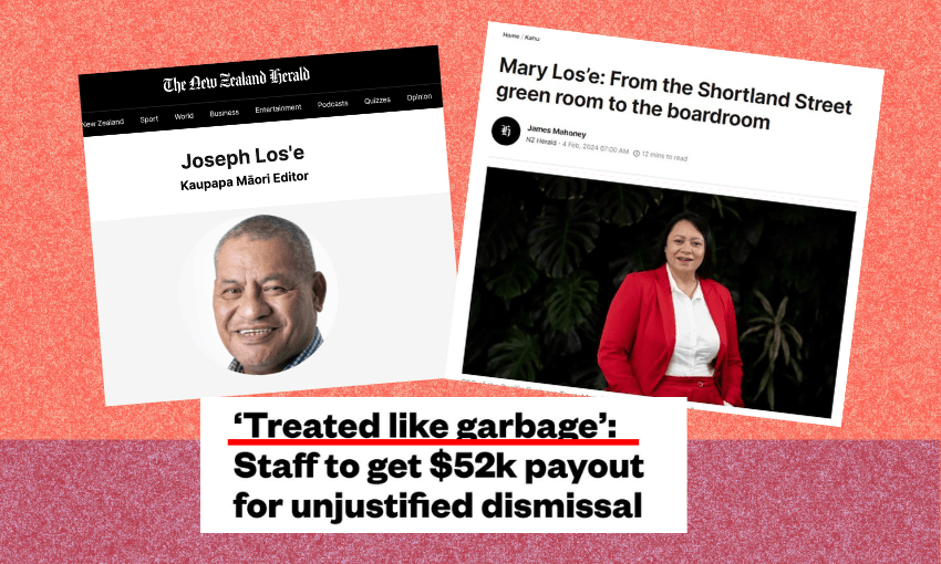 A collage with a headshot of Joseph Lose under a New Zealand Herald headline, a photo of Mary Lose with another headline, and a news snippet about a $52k payout for unjustified dismissal, with "Treated like garbage" highlighted.