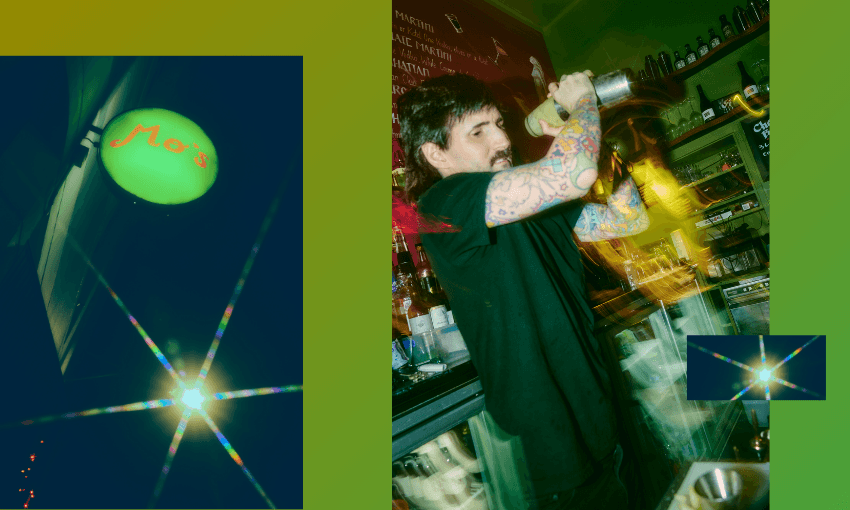A tattooed bartender shakes a cocktail behind a bar with blurred motion and colorful lights. A glowing sign reading "Mo's" and a starburst light are also featured on a green gradient background.