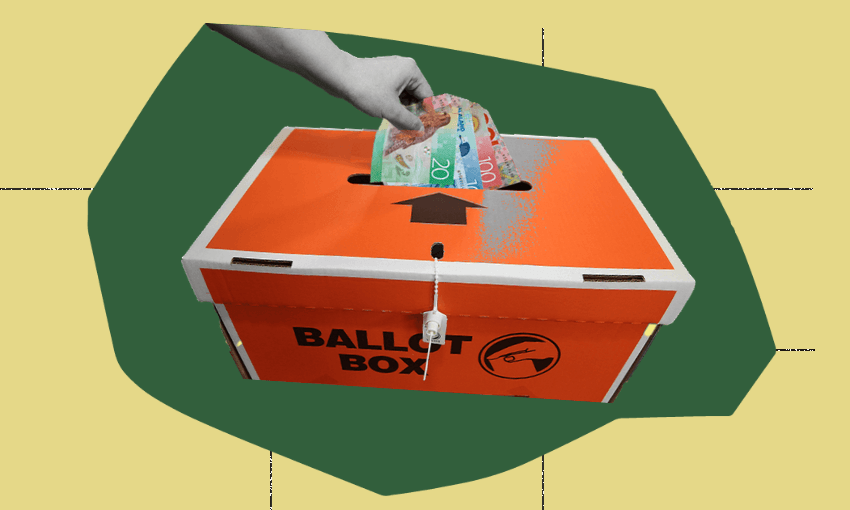 A hand places a stack of euro bills into an orange ballot box, suggesting the concept of money influencing elections, against a green and yellow abstract background.