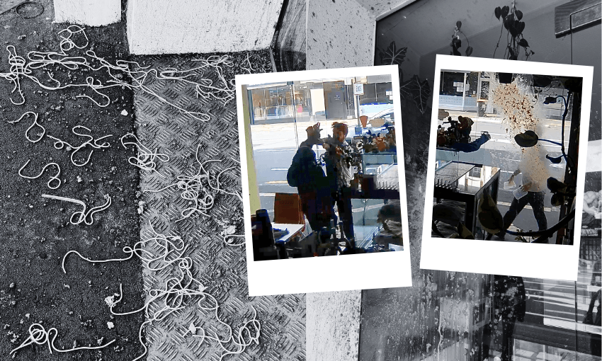 A black and white collage featuring noodles scattered on the ground and two overlapping, colour Polaroid-style photos showing people inside a cafe, with reflections and street scenes visible through glass.