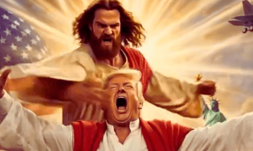 A dramatic illustration shows a bearded man in robes, resembling traditional depictions of Jesus, standing behind a man with blond hair who is shouting with arms outstretched, with rays of light and patriotic symbols in the background.