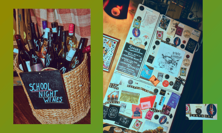 A basket labeled "School Night Wines" holds assorted wine bottles; next to it, a refrigerator covered in colorful magnets, stickers, notes, and a chalkboard snack list.