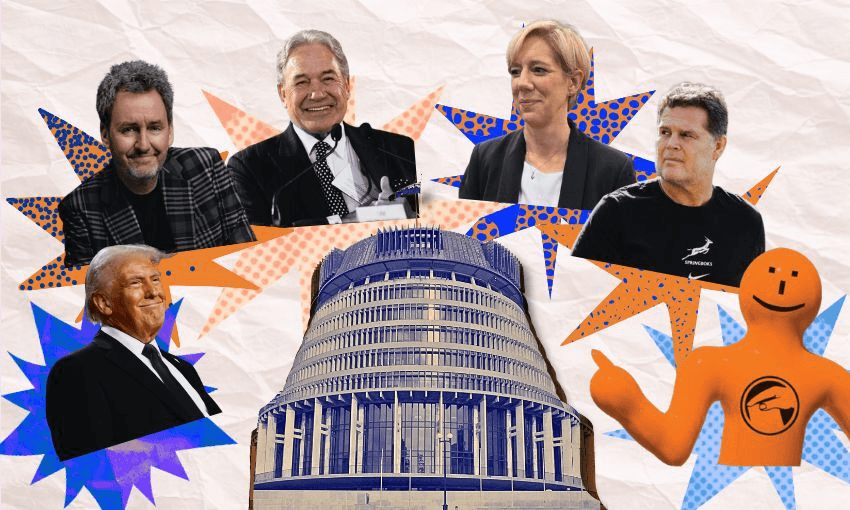 A collage featuring five people, an orange cartoon figure, and the Beehive building (New Zealand’s parliament) in the center with colorful starbursts on a textured background.