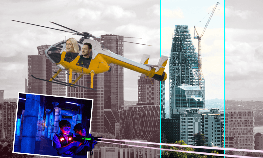 A yellow helicopter with a man and woman inside flies over a grayscale city skyline. Below, an inset shows two people playing laser tag in a neon-lit indoor arena. A tall glass building and crane are visible in the background.