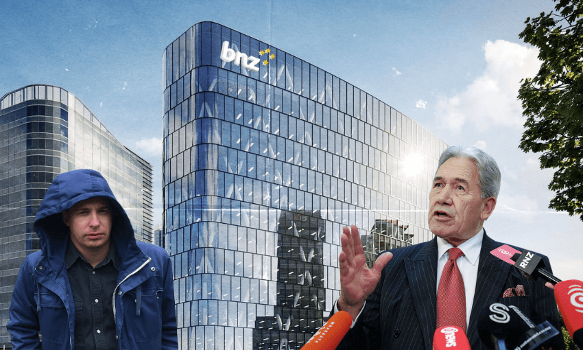 Hayden Donnell (left) has found acquiring a bank more difficult than Winston Peters (right) made it seem. (Collage image: The Spinoff) 
